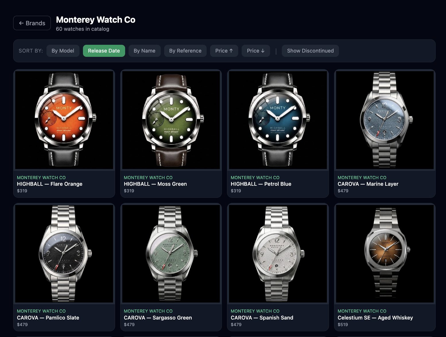 Brand page with full lineup and prices