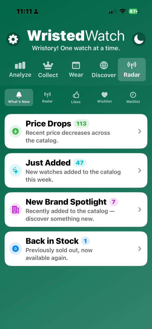WristedWatch What's New feed on iPhone