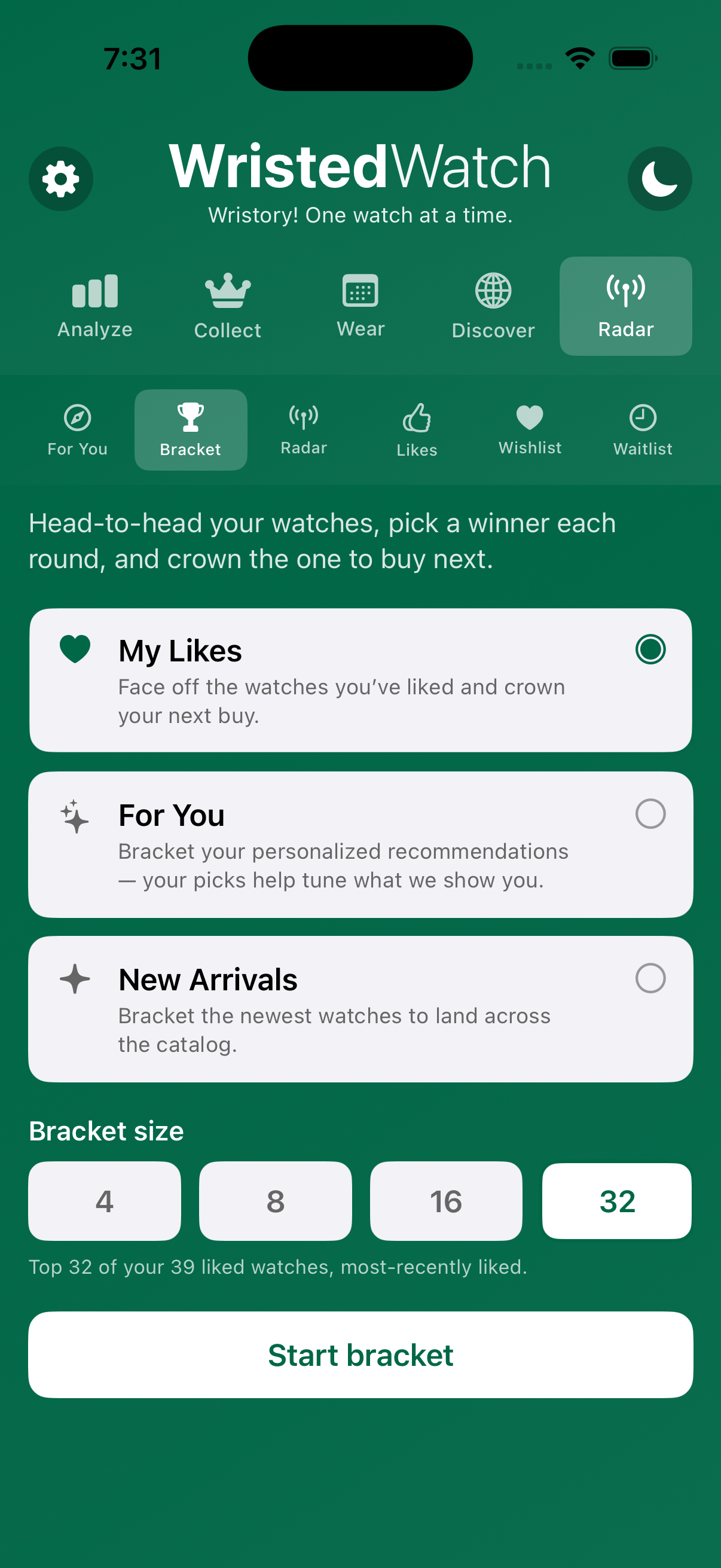 Bracket setup — choose a source and size on iPhone