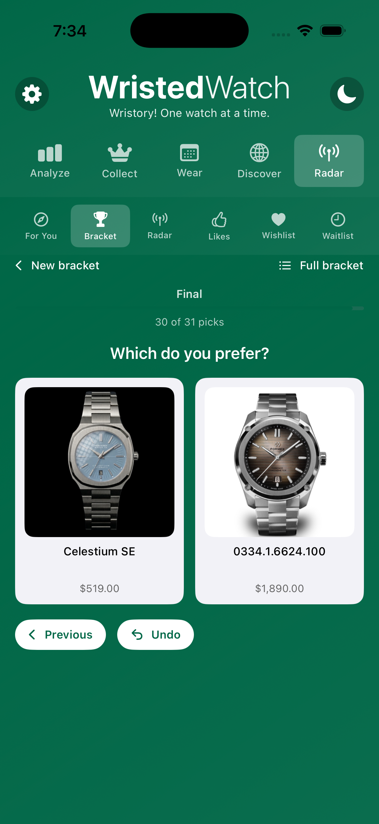 Bracket head-to-head matchup on iPhone