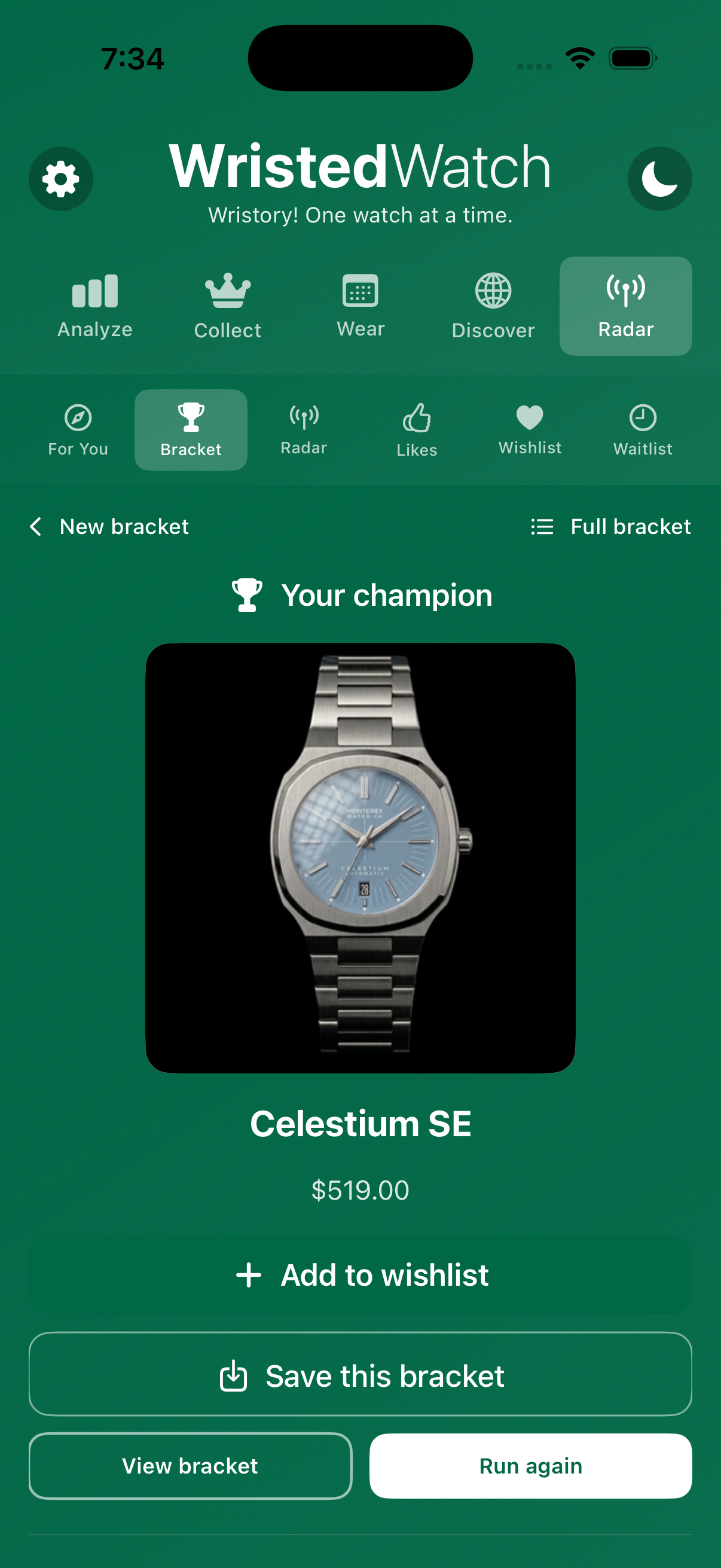 Bracket champion screen on iPhone