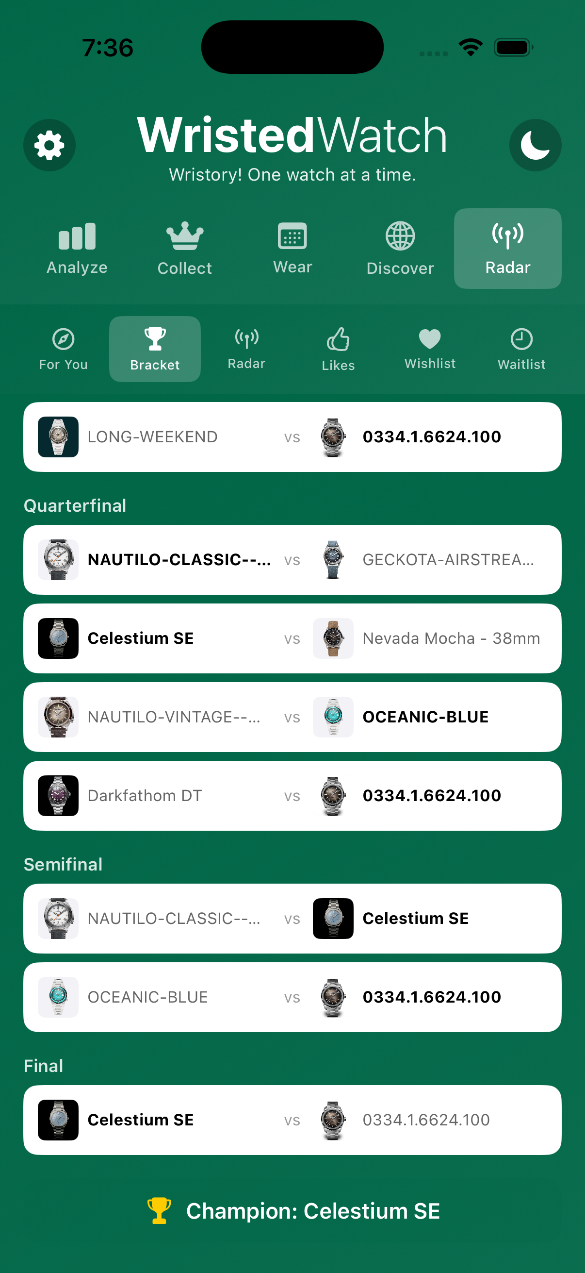 Full bracket rounds view on iPhone