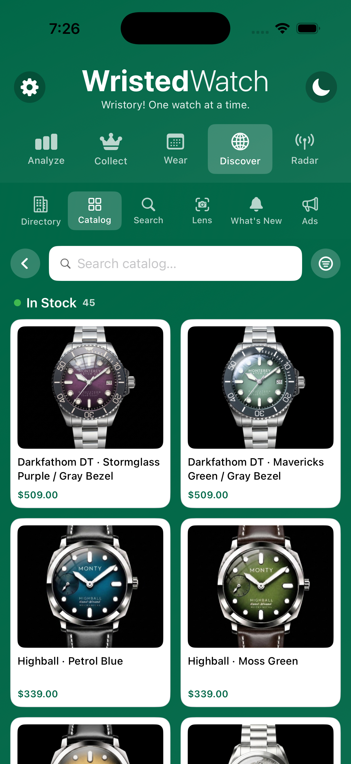 WristedWatch Catalog brand watch grid on iPhone