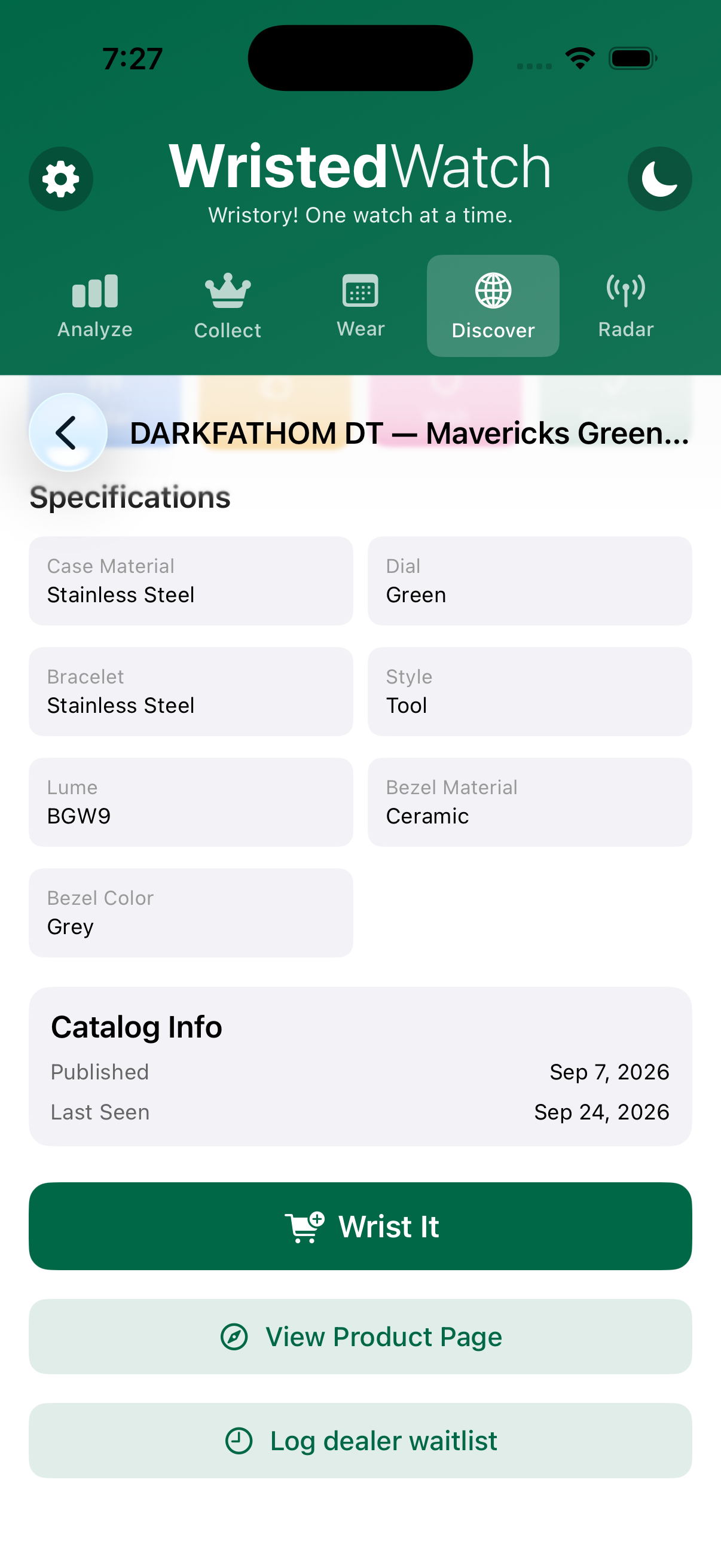 WristedWatch watch specifications, catalog info and Wrist It button on iPhone