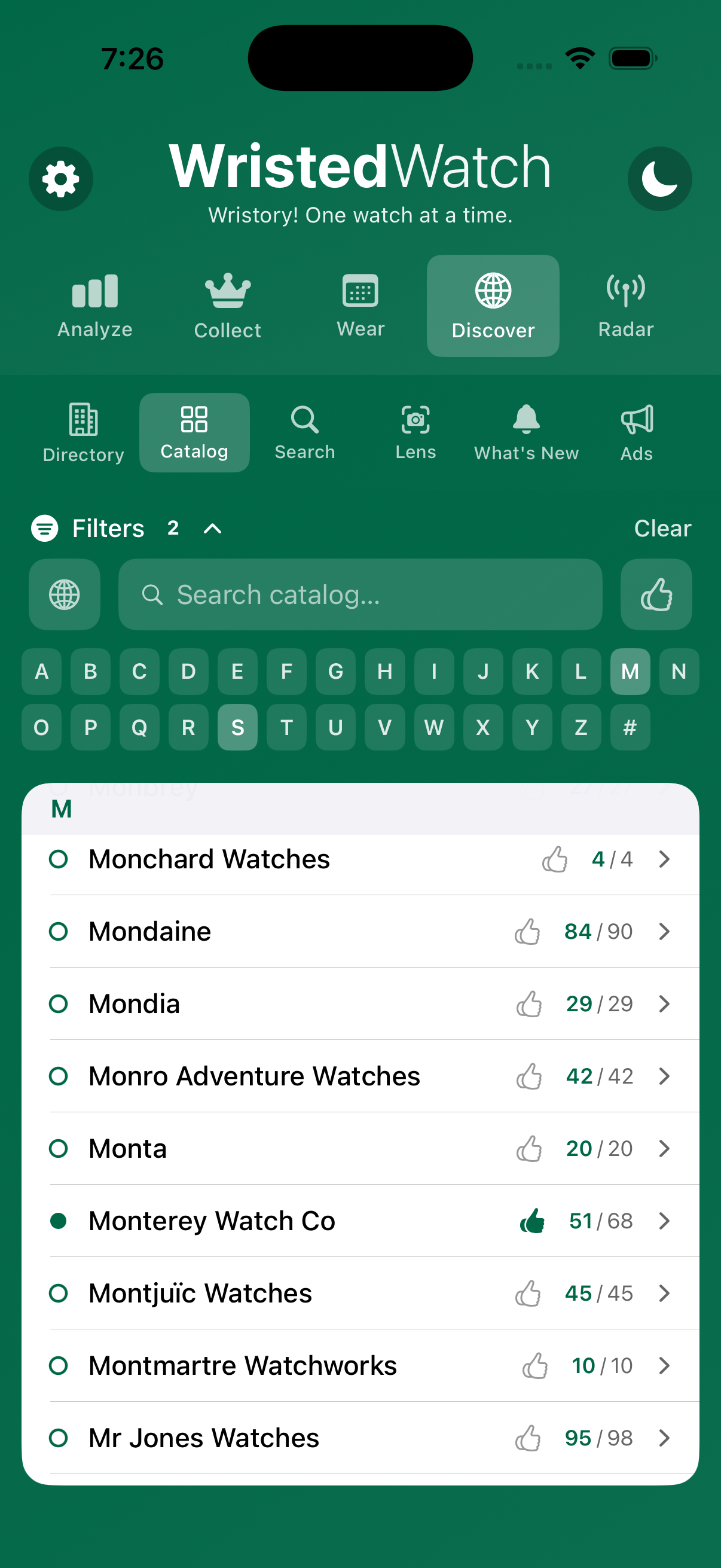 WristedWatch Catalog A–Z brand list showing review dots and thumbs-up counts on iPhone