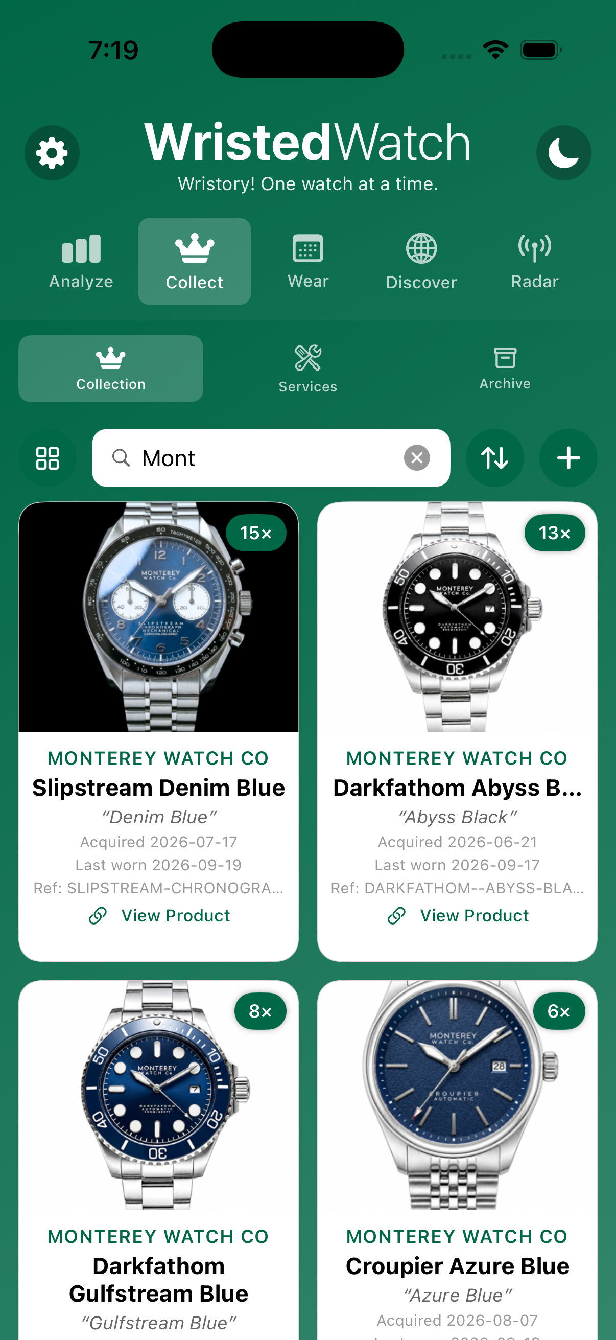 WristedWatch Collection grid view on iPhone