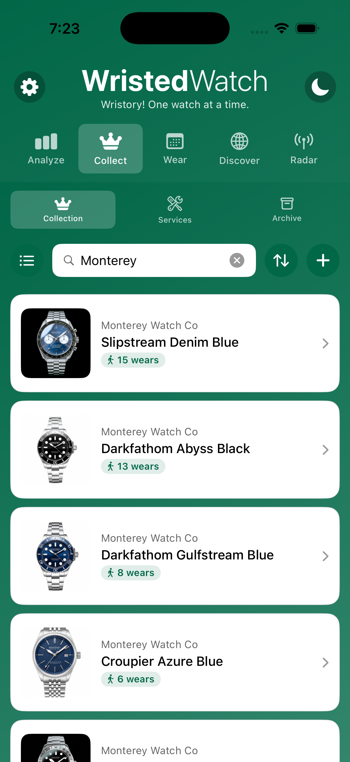 WristedWatch Collection list view on iPhone