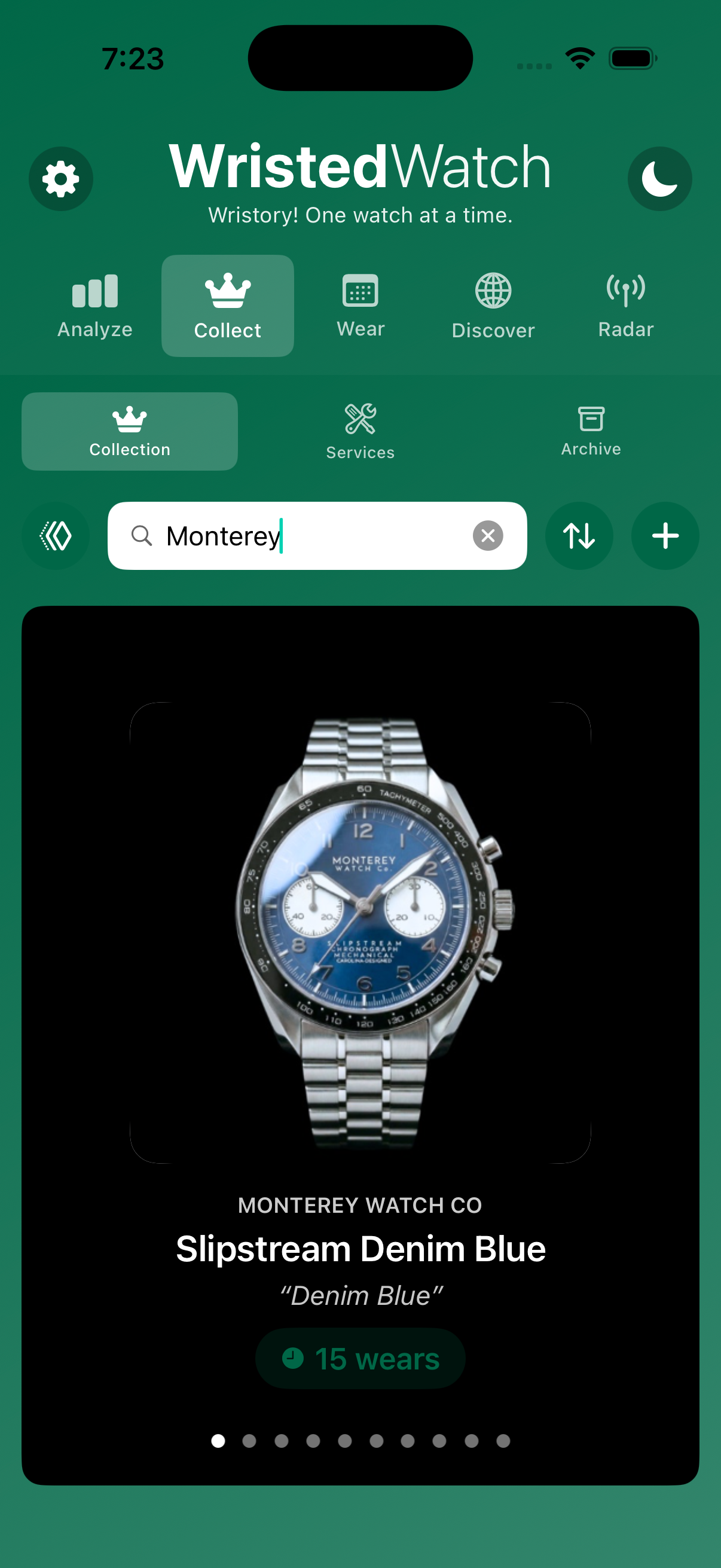 WristedWatch Collection carousel view on iPhone