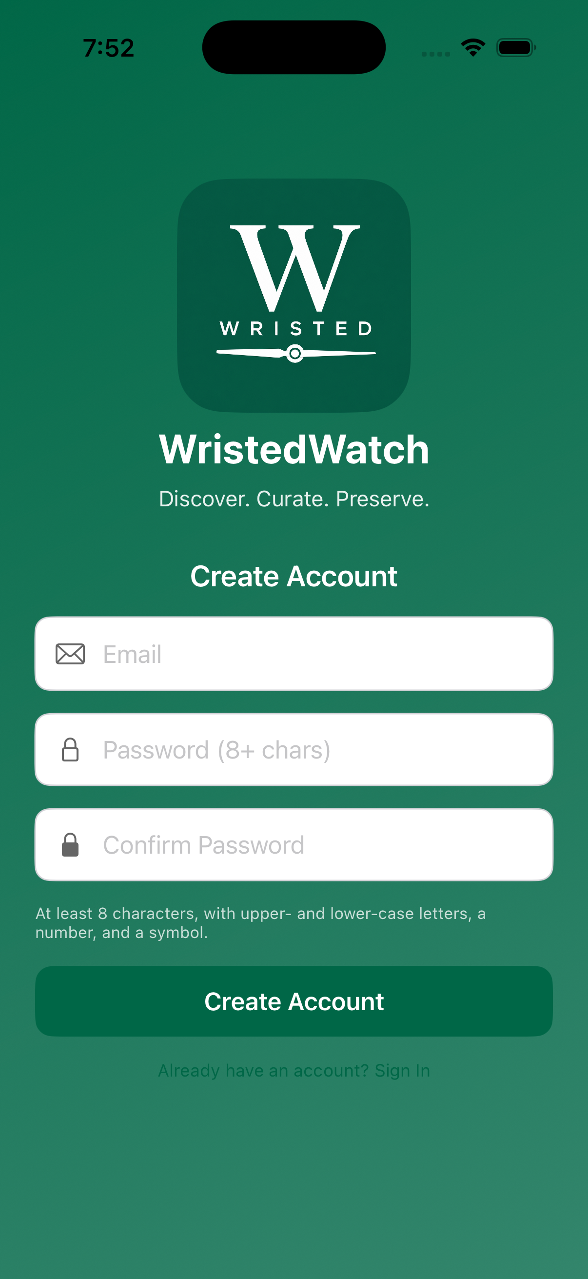 WristedWatch Create Account screen on iPhone