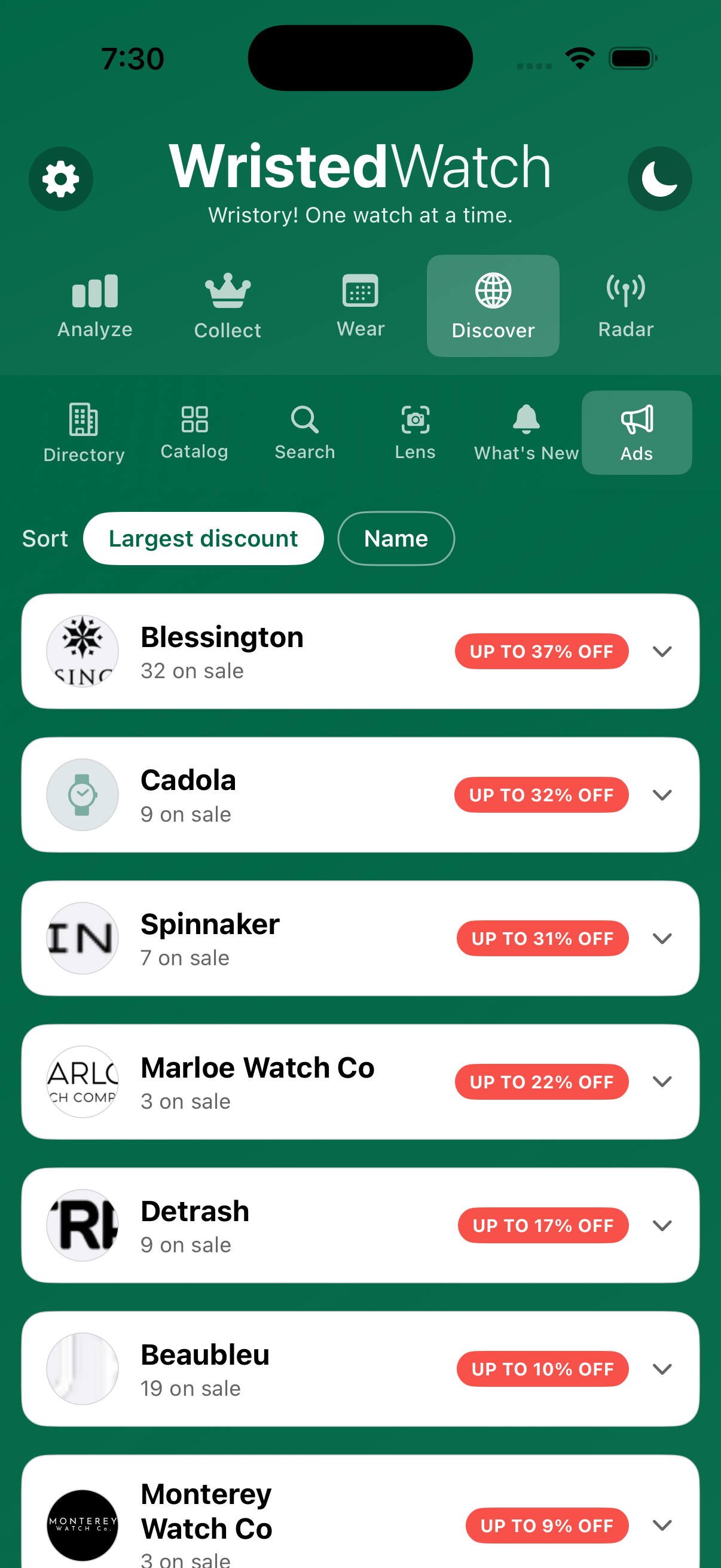 WristedWatch Deals — brands on sale with discount badges on iPhone