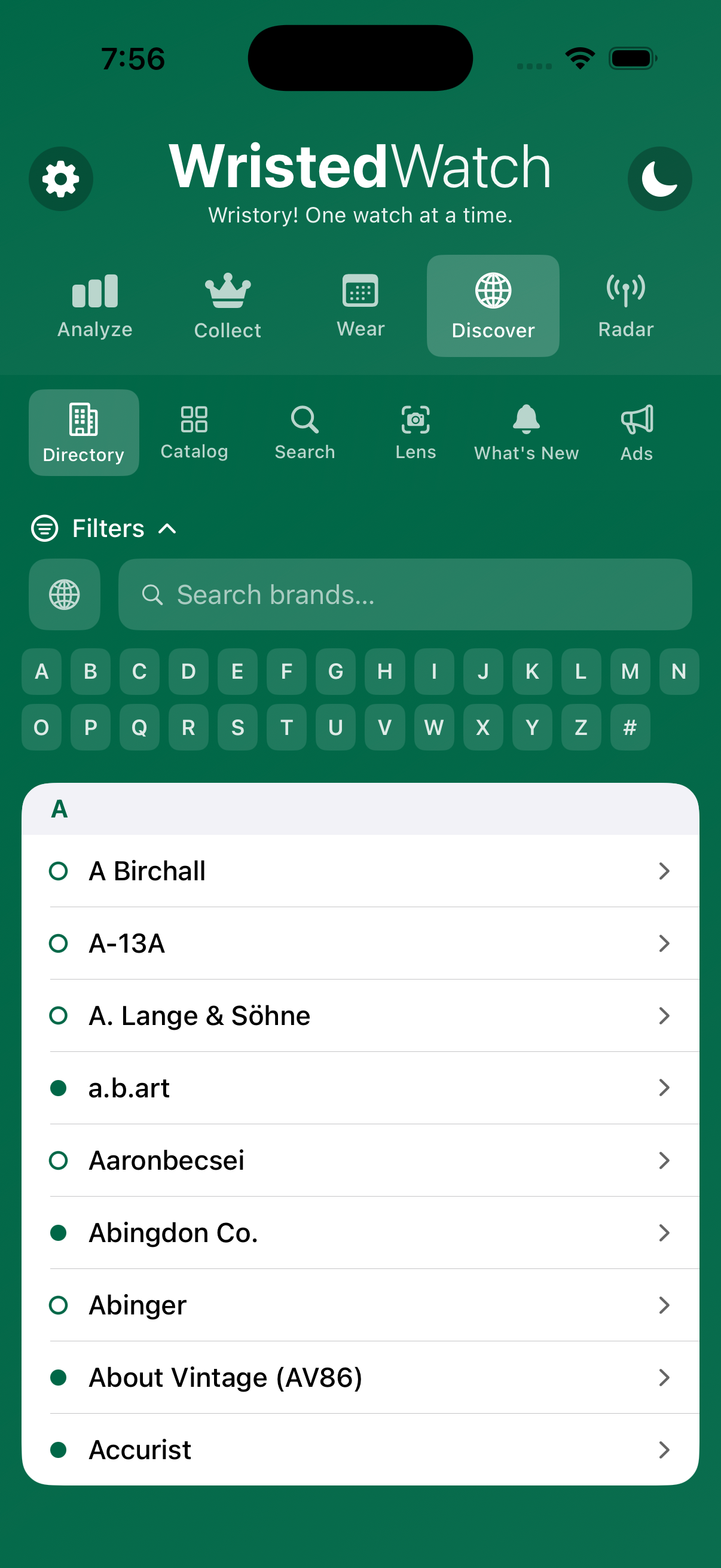 WristedWatch Directory A–Z brand list on iPhone