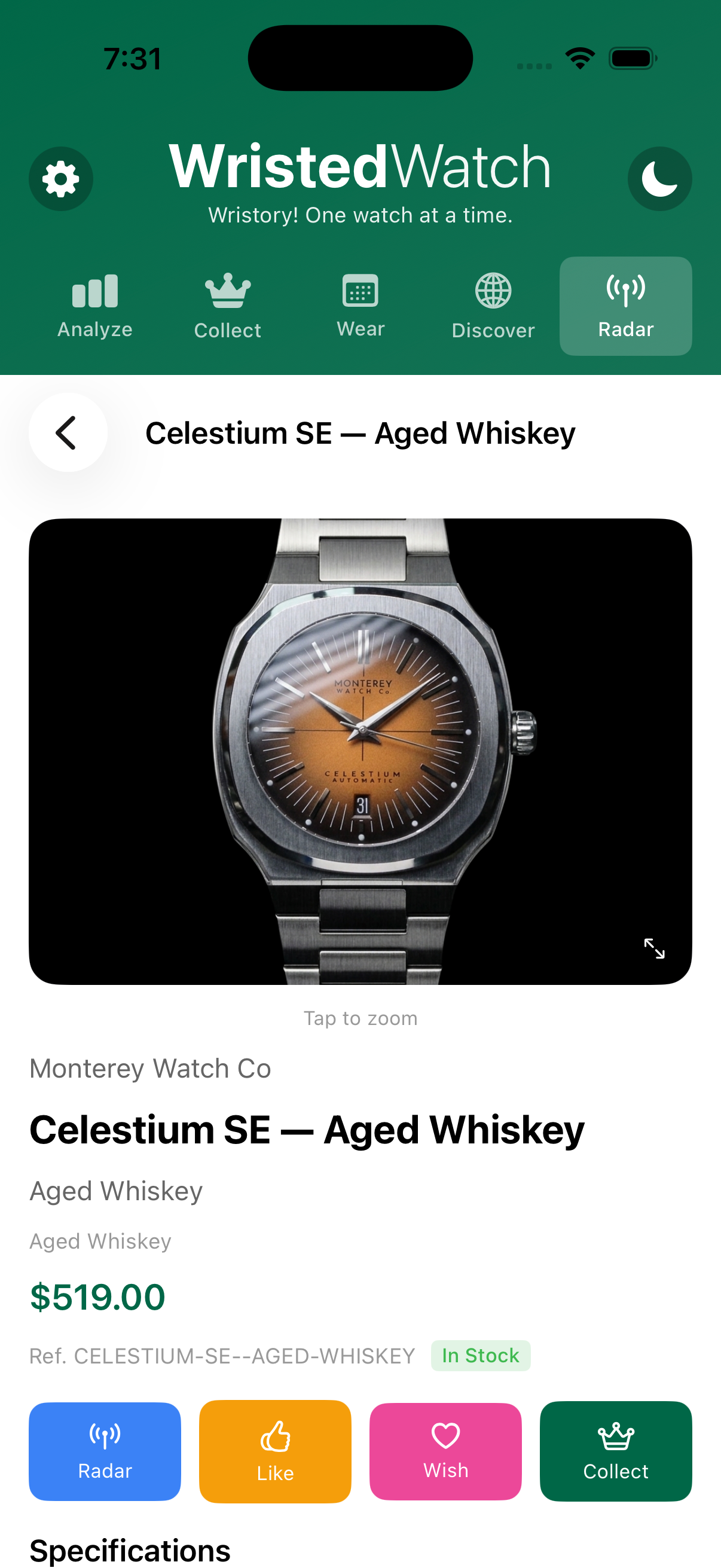 A recommended watch's detail screen on iPhone