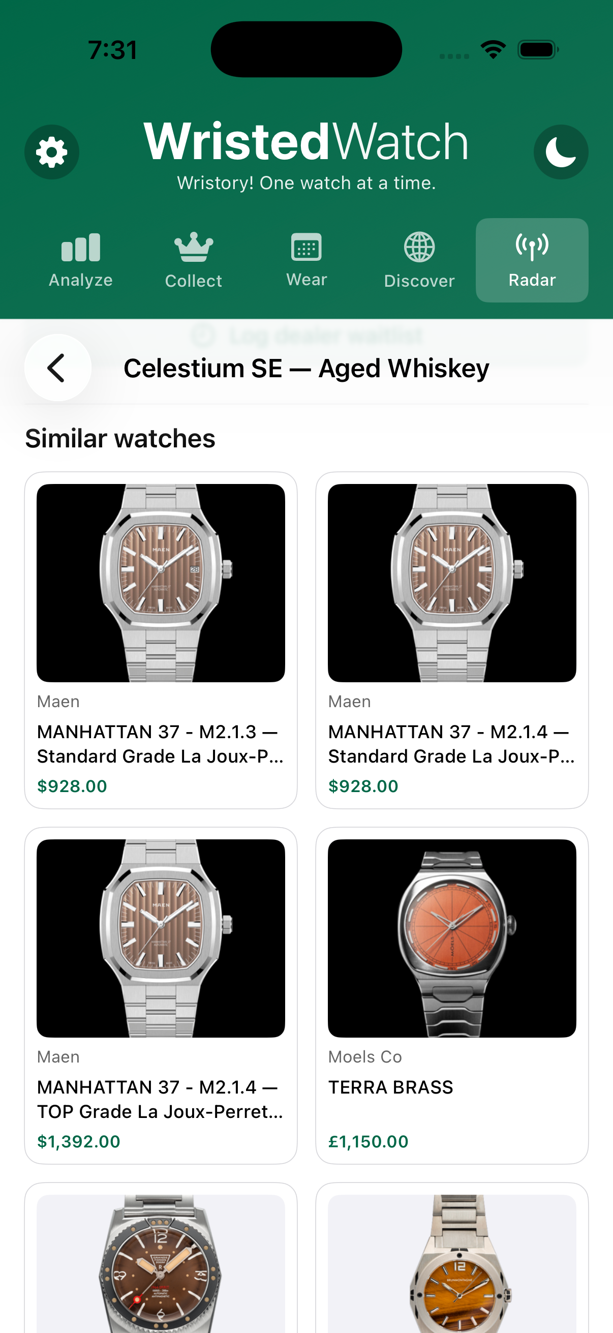 Similar watches section on a watch detail on iPhone