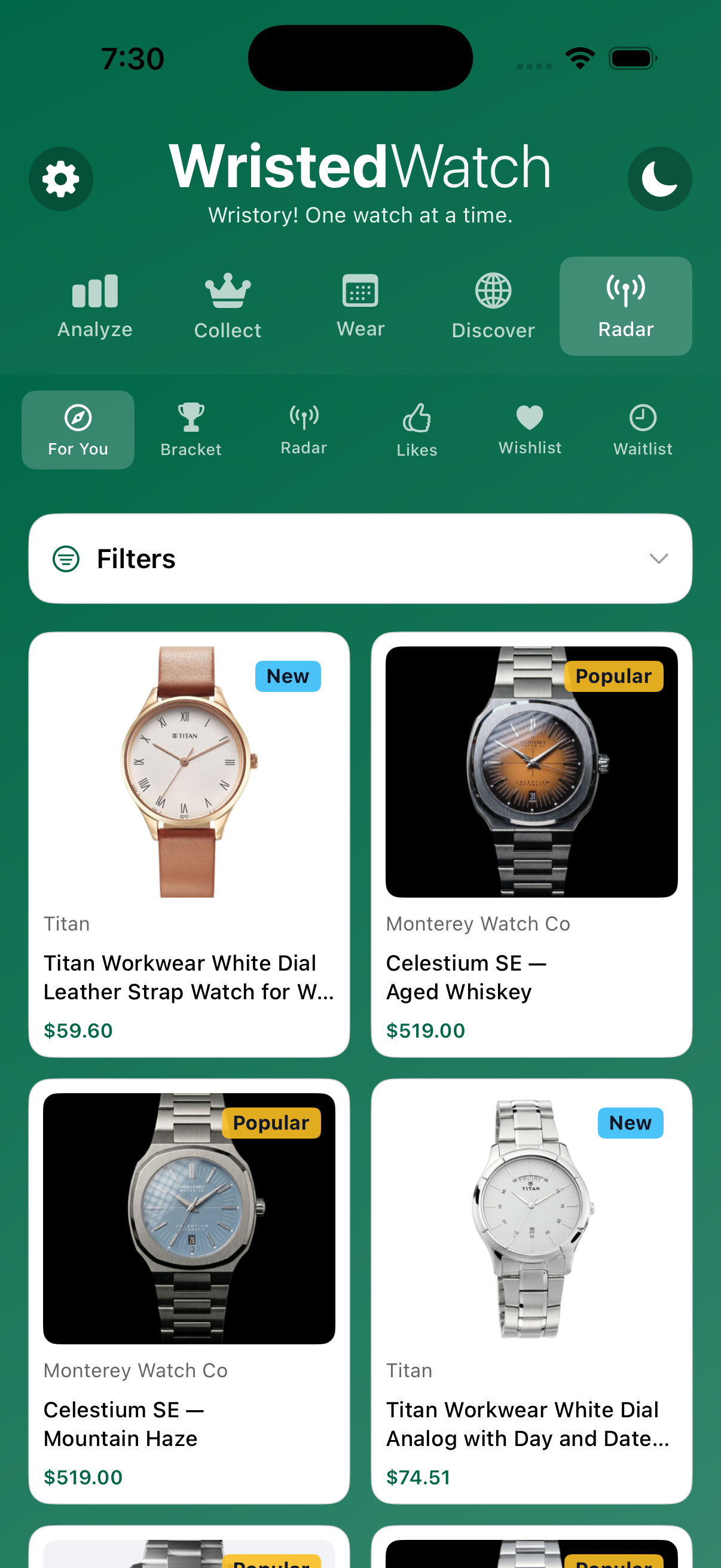 WristedWatch For You recommendation feed on iPhone