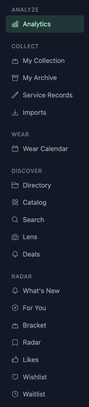 WristedWatch web app left sidebar grouped into Analyze, Collect, Wear, Discover, and Radar