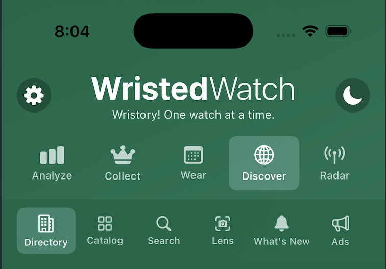 WristedWatch header and navigation: gear (Settings), moon (dark mode), the Analyze/Collect/Wear/Discover/Radar tabs, and the Discover sub-tabs