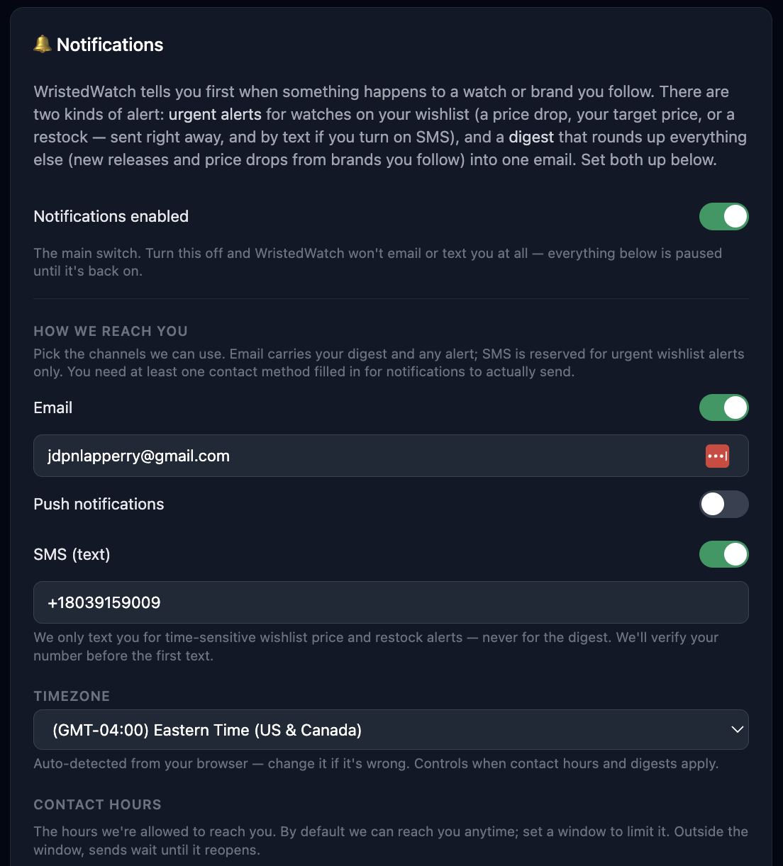 WristedWatch web notification settings — master switch, channels, and contact