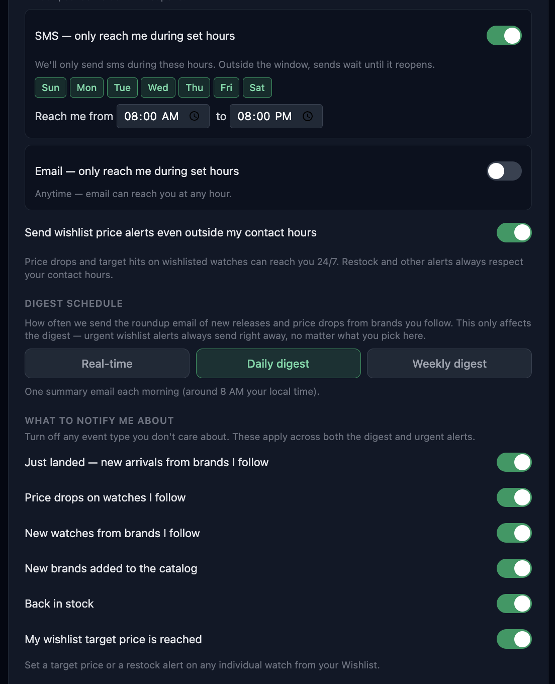 WristedWatch web notification settings — categories, digest frequency, and quiet hours