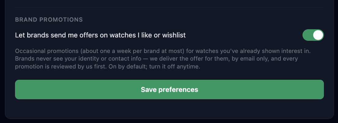 WristedWatch web notification settings — quiet-hours bypass and brand promotions opt-in