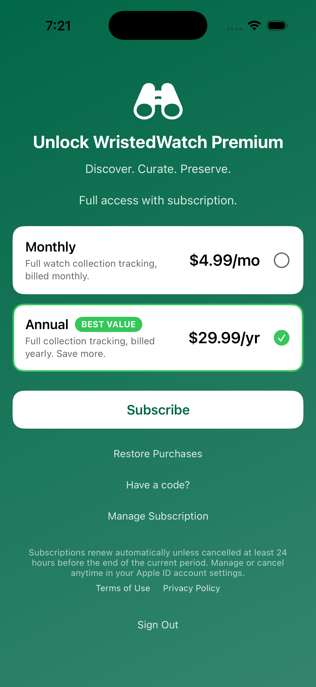 WristedWatch Premium paywall showing Monthly and Annual plans on iPhone