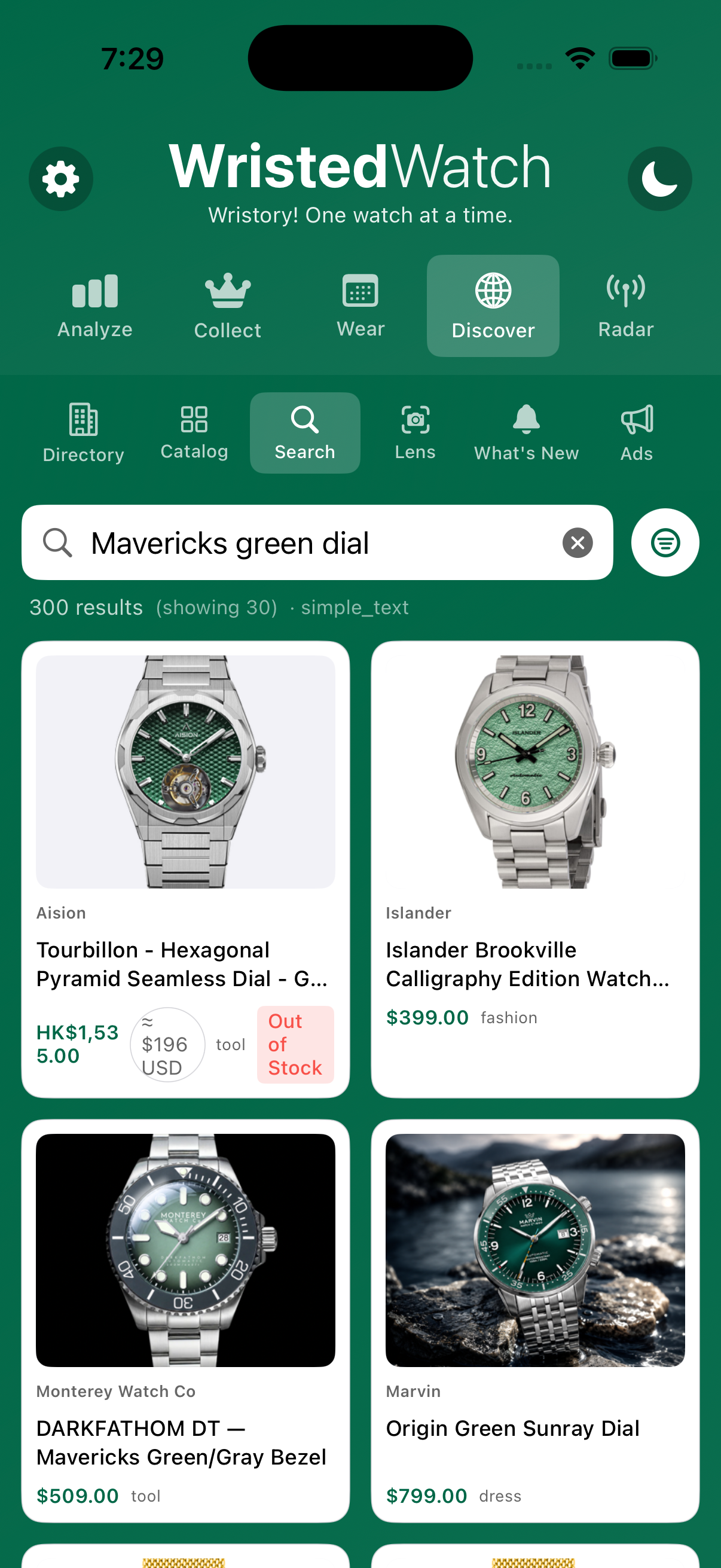 WristedWatch Smart Search results for 'Mavericks green dial' on iPhone