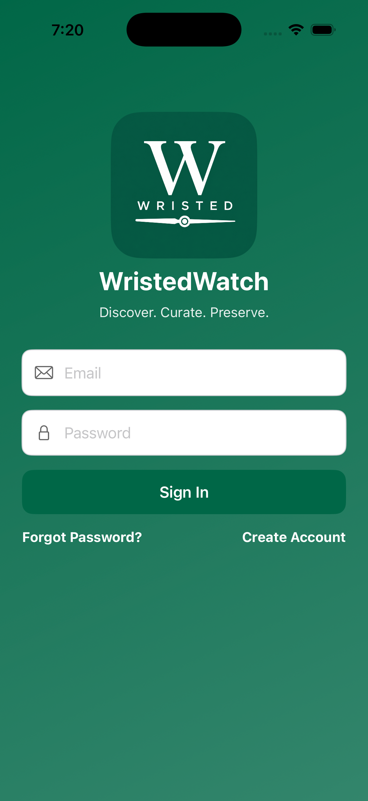WristedWatch Sign In screen on iPhone