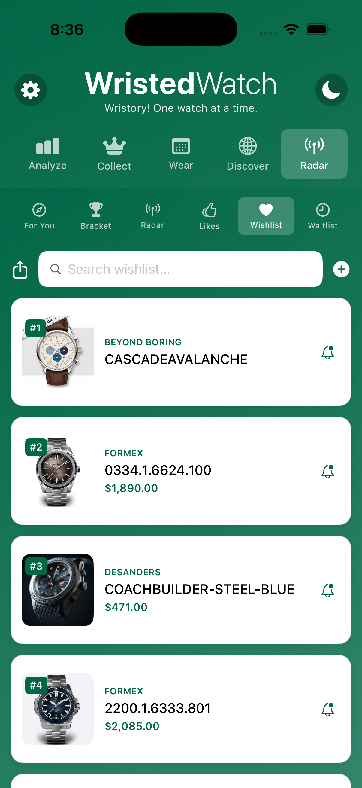 WristedWatch Wishlist ranked list on iPhone