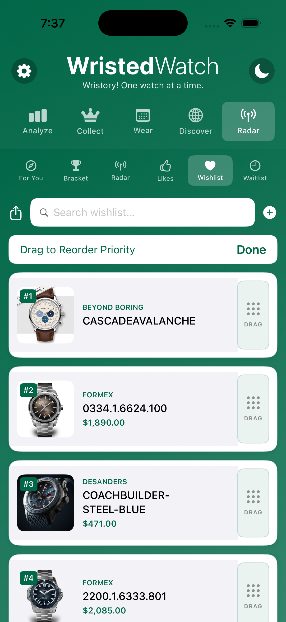 WristedWatch Wishlist drag handle to reorder on iPhone