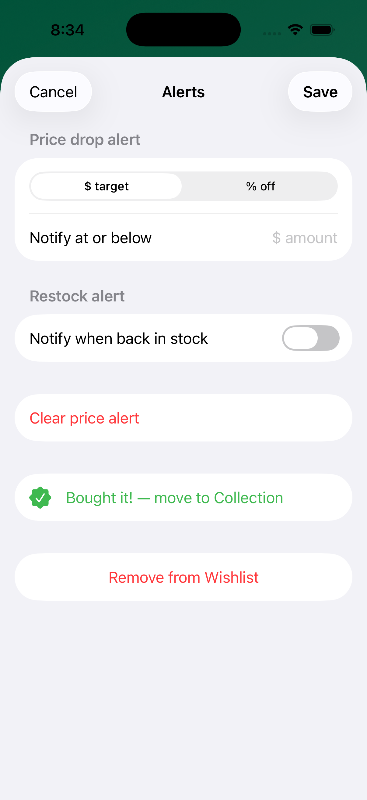 WristedWatch Wishlist alert editor for target price and restock on iPhone
